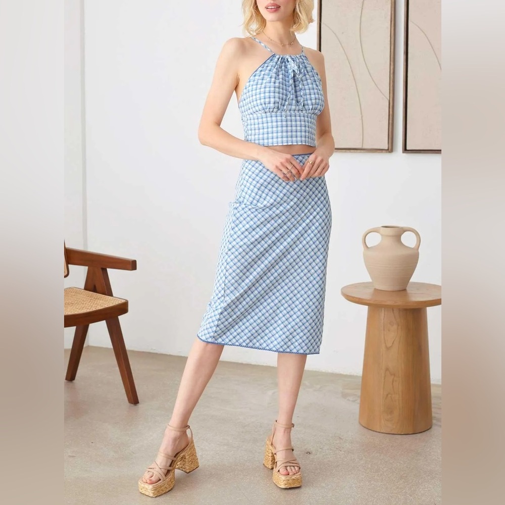 Le Lis Blue Plaid Halter Top and Lace Trim Midi Skirt with Side Slit Set - Picture 10 of 12